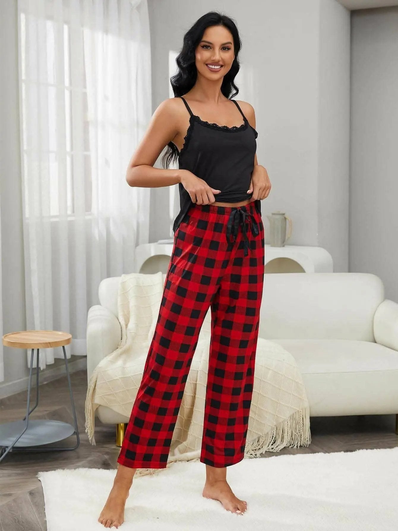 Elegant lace cami & plaid pants - Love Salve